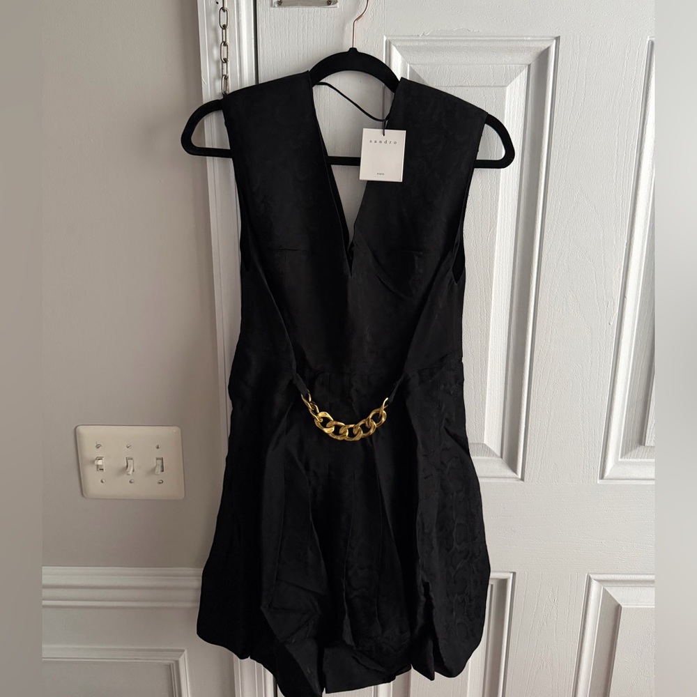 Sandro Black Mini Dress with Gold Chain Detail